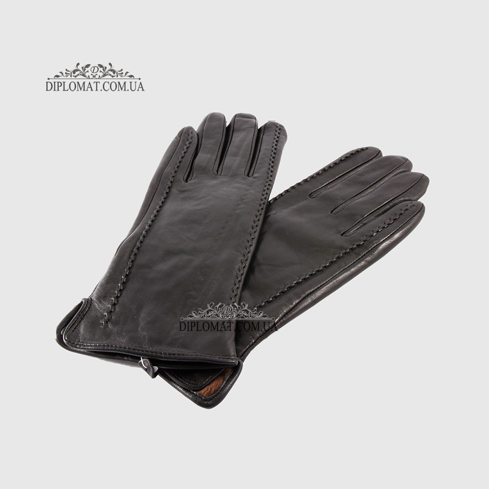 Перчатки женские VOGUE GLOVES K230 Кожаные Подкладка флис Черные LAMB BLACK Размер 7  Черный