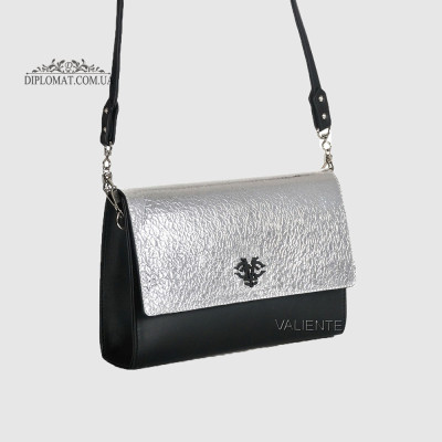 Сумка Женская VALIENTE 1146 Кожаная Кросс боди - Клатч  PRADA Black + Серебро Кристалл Черный  Серый