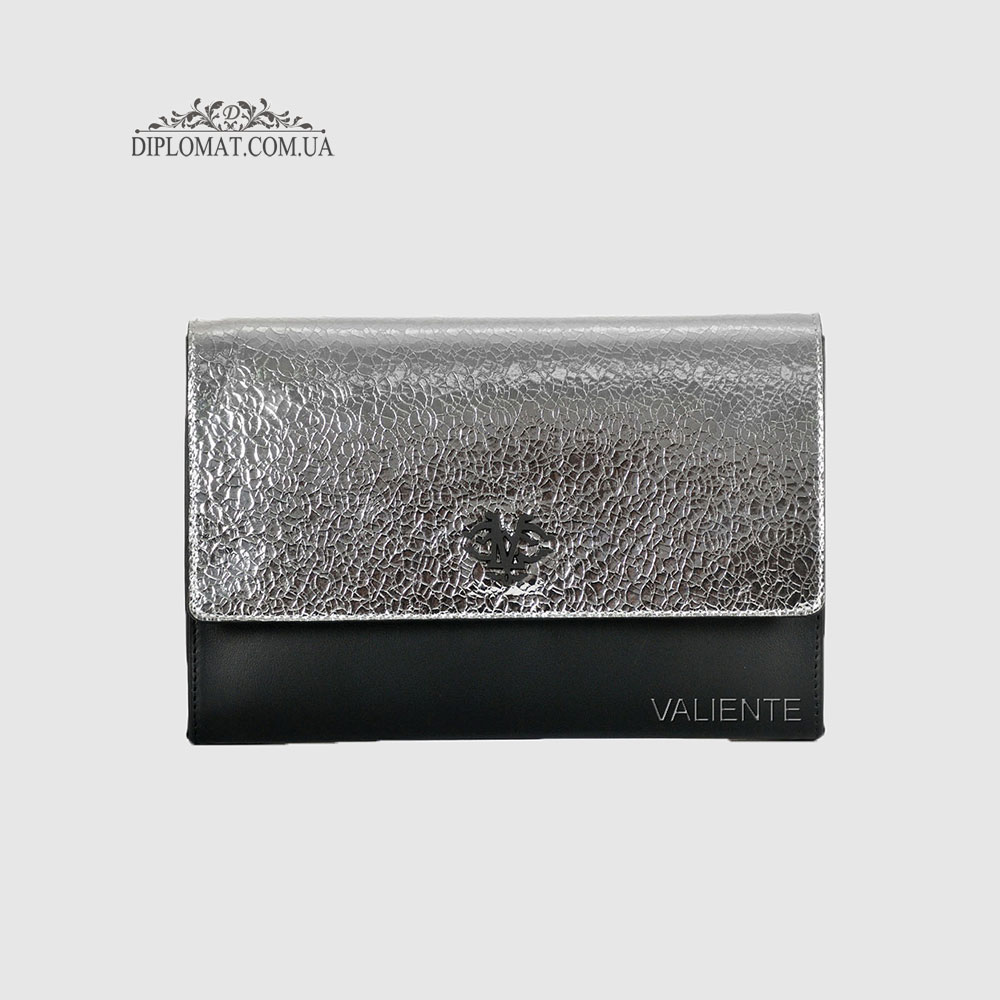 Сумка Женская VALIENTE 1146 Кожаная Кросс боди - Клатч  PRADA Black + Серебро Кристалл Черный  Серый