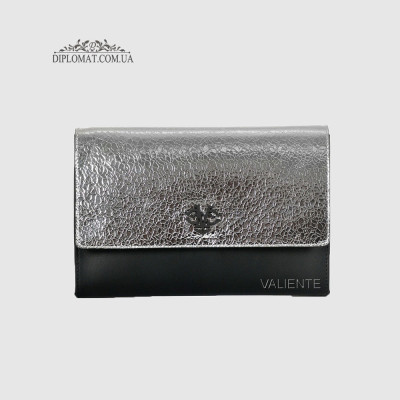 Сумка Женская VALIENTE 1146 Кожаная Кросс боди - Клатч  PRADA Black + Серебро Кристалл Черный  Серый