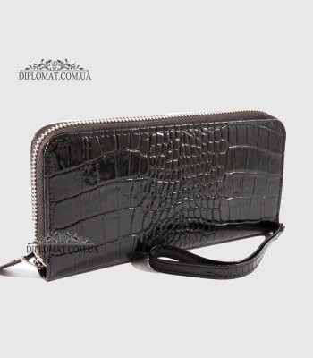 Кошелек на молнии CANPELLINI 706 Кожаный С петелькой на руку4 BLACK LAK CROCO Черный лак