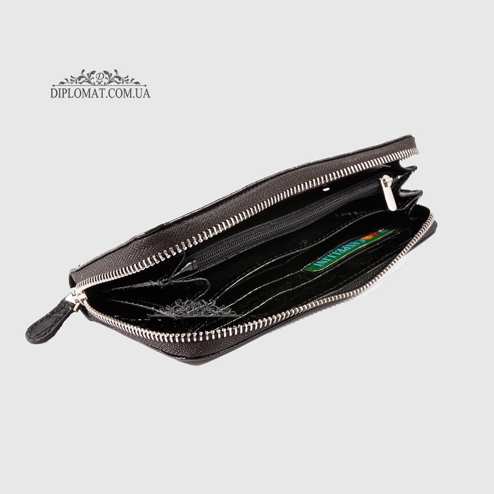 Кошелек на молнии CANPELLINI 706 Кожаный С петелькой на руку 4 BLACK LAK CROCO Черный лак Черный