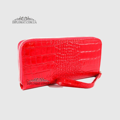 Кошелек на молнии CANPELLINI 706 Кожаный С петелькой на руку 142 RED CROCO LAK Красный  Красный