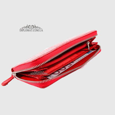 Кошелек на молнии CANPELLINI 706 Кожаный С петелькой на руку 142 RED CROCO LAK Красный  Красный