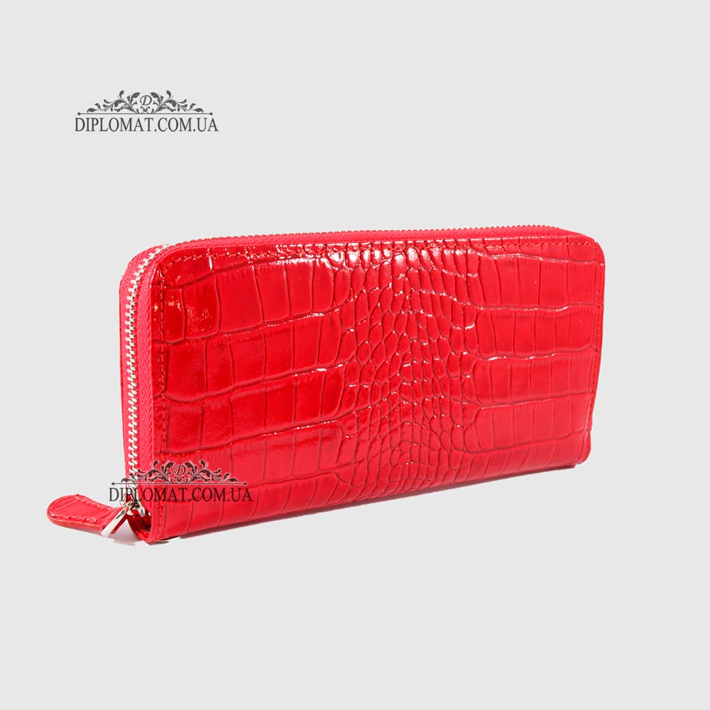 Кошелек на молнии CANPELLINI 706 Кожаный С петелькой на руку 142 RED CROCO LAK Красный  Красный