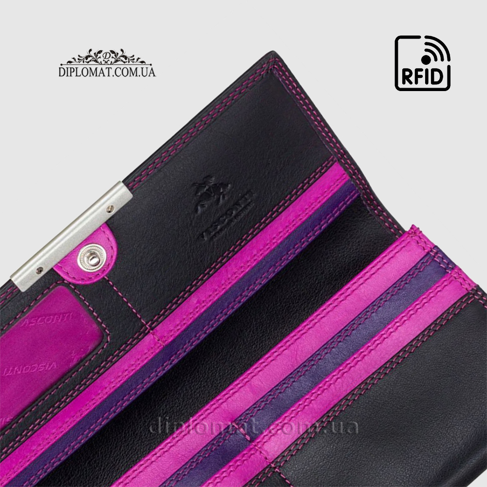 Кошелек женский кожаный VISCONTI R11 Paloma c RFID  Black Berry Черный Сереневый